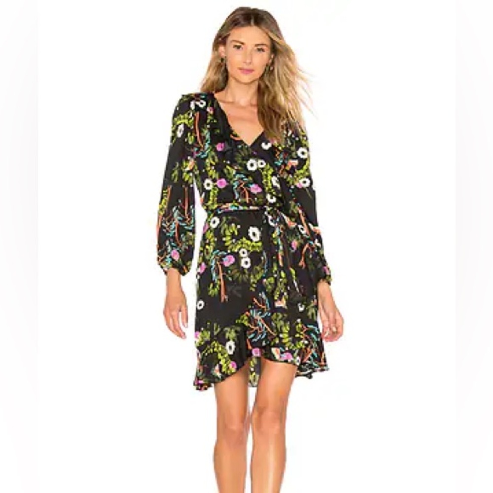 EUC Cynthia Rowley Black Floral Malibu Wrap Dress Medium Holiday Night Garden